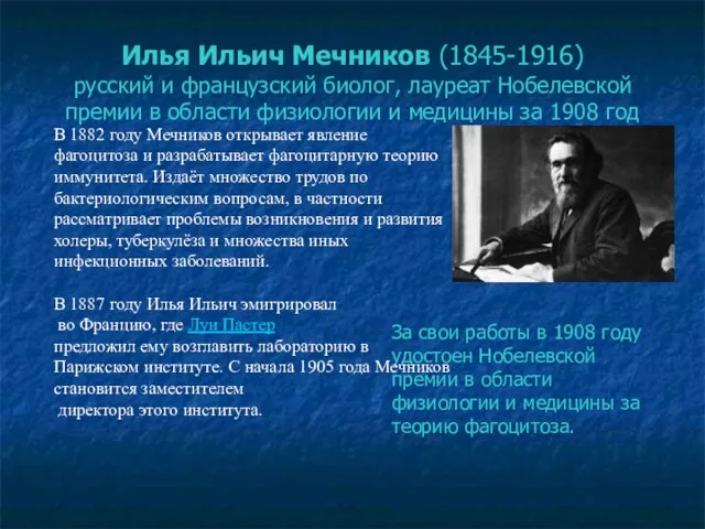 Илья Ильич Мечников (1845-1916) русский и французский биолог, лауреат Нобелевской премии в