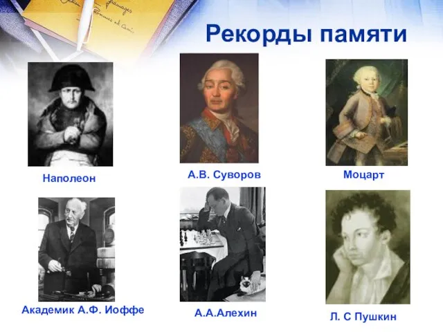 Рекорды памяти А.В. Суворов Моцарт Наполеон Академик А.Ф. Иоффе А.А.Алехин Л. С Пушкин