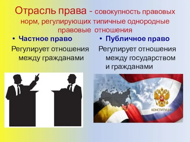 Отрасль права - совокупность правовых норм, регулирующих типичные однородные правовые отношения Частное