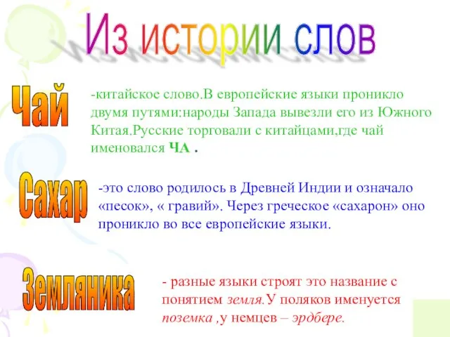 Из истории слов Чай -китайское слово.В европейские языки проникло двумя путями:народы Запада