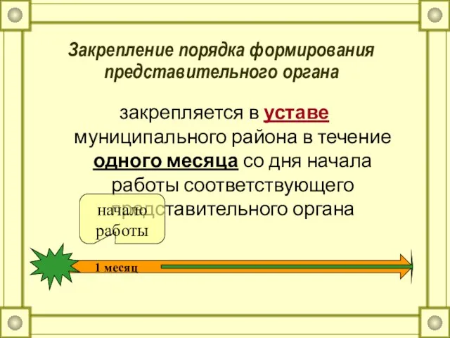 Закрепление порядка формирования представительного органа закрепляется в уставе муниципального района в течение