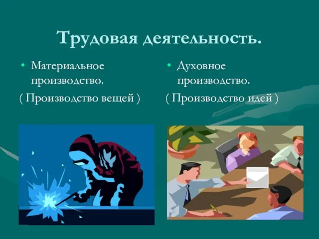 Трудовая деятельность. Материальное производство. ( Производство вещей ) Духовное производство. ( Производство идей )