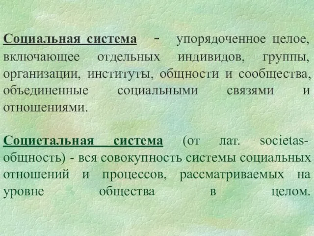 Социальная система - упорядоченное целое, включающее отдельных индивидов, группы, организации, институты, общности