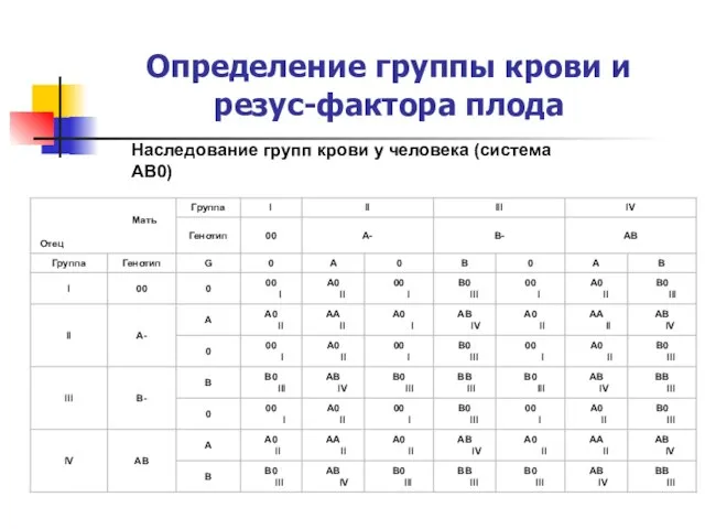 Определение группы крови и резус-фактора плода Наследование групп крови у человека (система AB0)