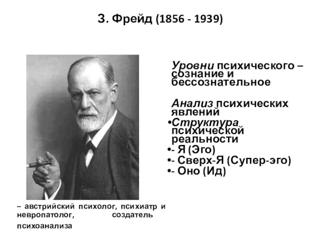 З. Фрейд (1856 - 1939) Уровни психического – сознание и бессознательное Анализ