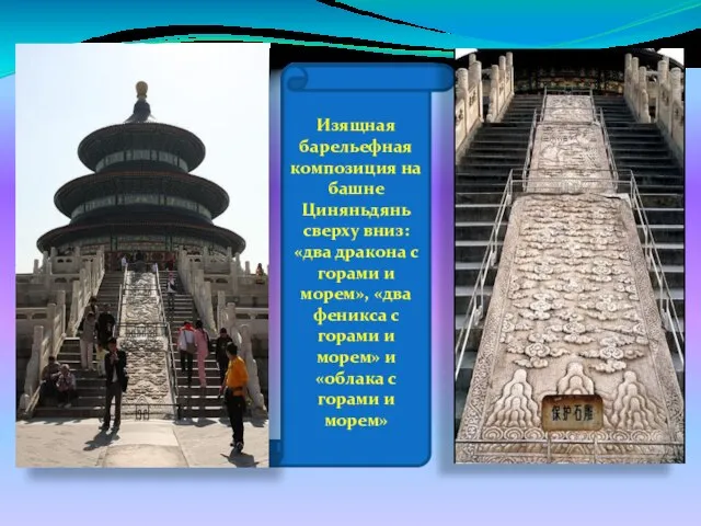 Изящная барельефная композиция на башне Циняньдянь сверху вниз: «два дракона с горами