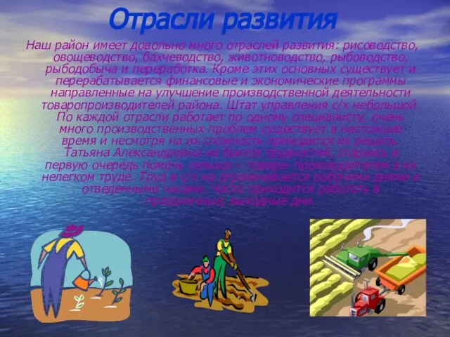 Отрасли развития Наш район имеет довольно много отраслей развития: рисоводство, овощеводство, бахчеводство,