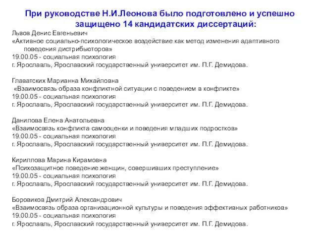 При руководстве Н.И.Леонова было подготовлено и успешно защищено 14 кандидатских диссертаций: Львов
