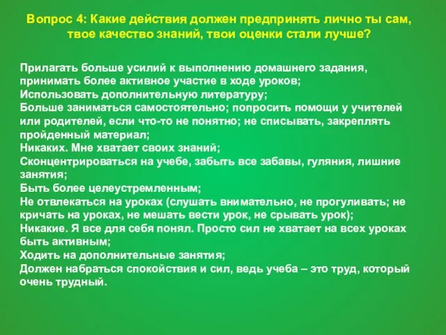 Вопрос 4: Какие действия должен предпринять лично ты сам, твое качество знаний,