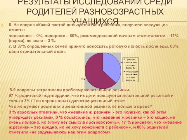 РЕЗУЛЬТАТЫ ИССЛЕДОВАНИЙ СРЕДИ РОДИТЕЛЕЙ РАЗНОВОЗРАСТНЫХ УЧАЩИХСЯ 6. На вопрос «Какой пастой пользуется