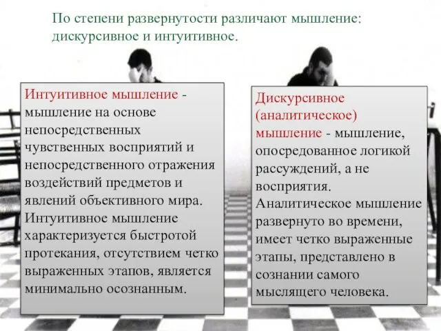 По степени развернутости различают мышление: дискурсивное и интуитивное. Дискурсивное (аналитическое) мышление -