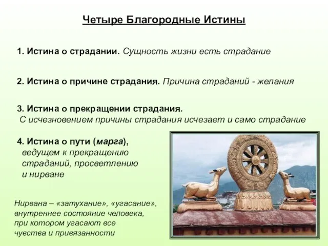 Четыре Благородные Истины 1. Истина о страдании. Сущность жизни есть страдание 2.