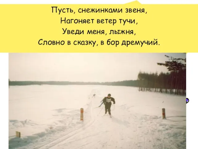 Пусть, снежинками звеня, Нагоняет ветер тучи, Уведи меня, лыжня, Словно в сказку, в бор дремучий.