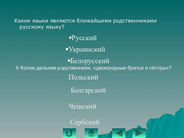 Какие языки являются ближайшими родственниками русскому языку? Украинский Белорусский Русский А более