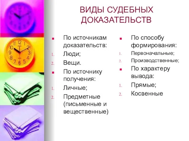 ВИДЫ СУДЕБНЫХ ДОКАЗАТЕЛЬСТВ По источникам доказательств: Люди; Вещи. По источнику получения: Личные;