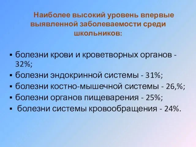 Наиболее высокий уровень впервые выявленной заболеваемости среди школьников: болезни крови и кроветворных