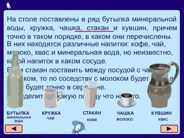 Москва, 2006 г. На столе поставлены в ряд бутылка минеральной воды, кружка,