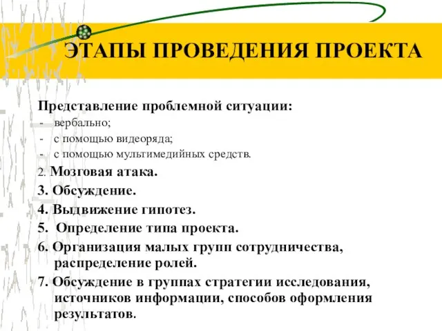 ЭТАПЫ ПРОВЕДЕНИЯ ПРОЕКТА Представление проблемной ситуации: вербально; с помощью видеоряда; с помощью