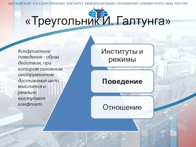 «Треугольник Й. Галтунга» Конфликтное поведение - образ действия, при котором основным инструментом