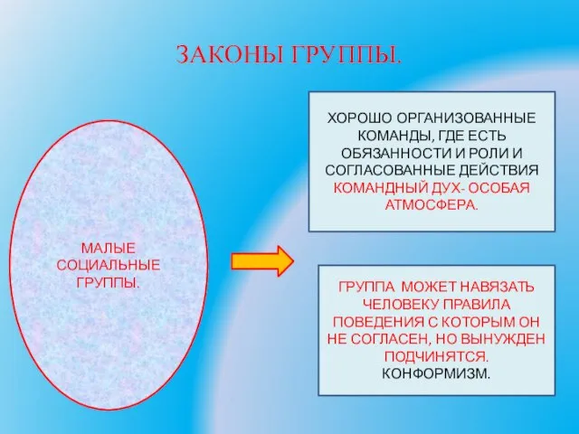 ЗАКОНЫ ГРУППЫ. МАЛЫЕ СОЦИАЛЬНЫЕ ГРУППЫ. ХОРОШО ОРГАНИЗОВАННЫЕ КОМАНДЫ, ГДЕ ЕСТЬ ОБЯЗАННОСТИ И