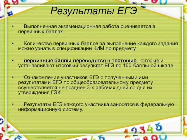 Результаты ЕГЭ Выполненная экзаменационная работа оценивается в первичных баллах. Количество первичных баллов