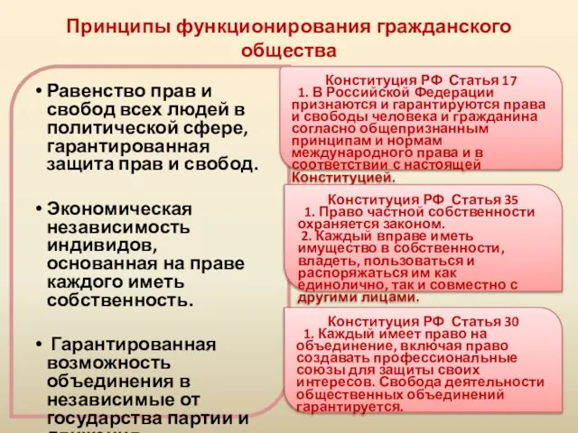 Принципы функционирования гражданского общества Равенство прав и свобод всех людей в политической