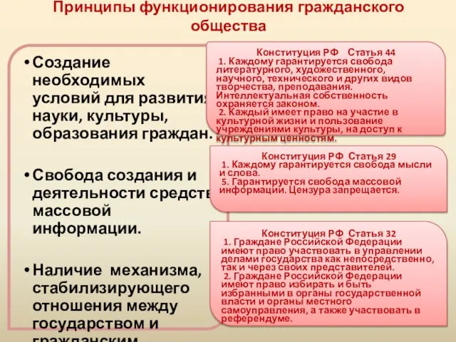 Принципы функционирования гражданского общества Создание необходимых условий для развития науки, культуры, образования