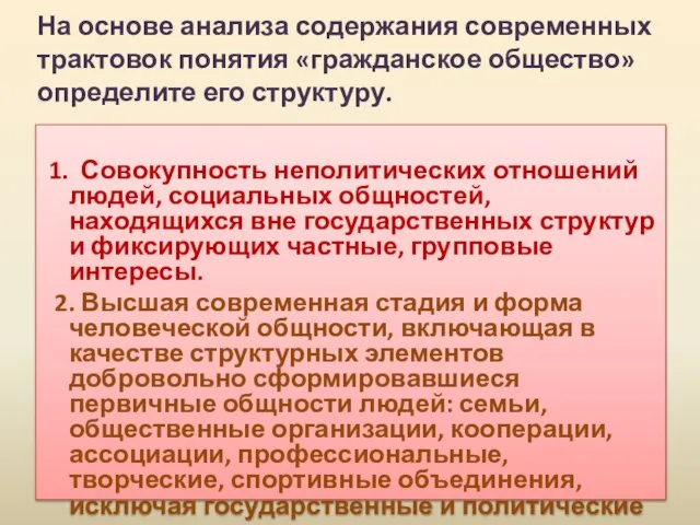 На основе анализа содержания современных трактовок понятия «гражданское общество» определите его структуру.