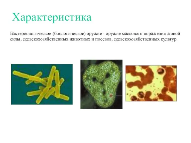 Характеристика Бактериологическое (биологическое) оружие - оружие массового поражения живой силы, сельскохозяйственных животных и посевов, сельскохозяйственных культур.