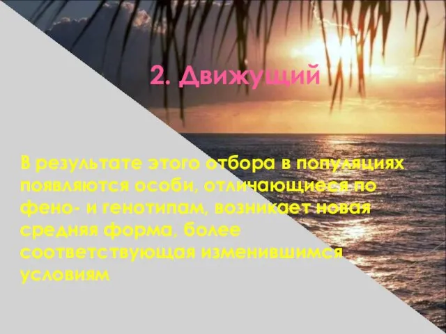 2. Движущий В результате этого отбора в популяциях появляются особи, отличающиеся по