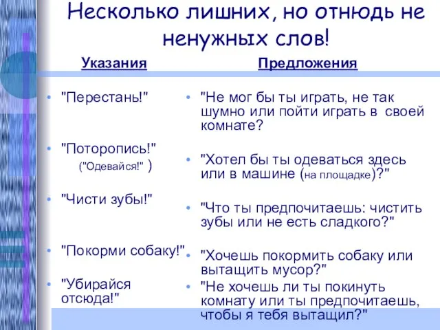 Несколько лишних, но отнюдь не ненужных слов! Указания "Перестань!" "Поторопись!" ("Одевайся!" )