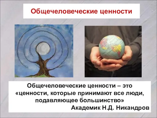 Общечеловеческие ценности Общечеловеческие ценности – это «ценности, которые принимают все люди, подавляющее большинство» Академик Н.Д. Никандров