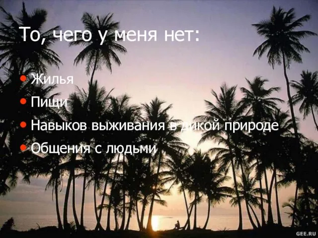 То, чего у меня нет: Жилья Пищи Навыков выживания в дикой природе Общения с людьми