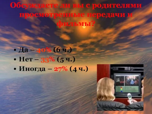 Обсуждаете ли вы с родителями просмотренные передачи и фильмы? Да – 40%