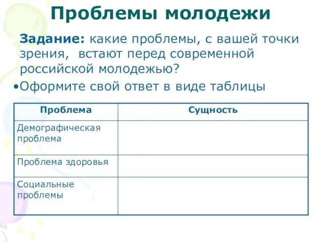 Проблемы молодежи Задание: какие проблемы, с вашей точки зрения, встают перед современной