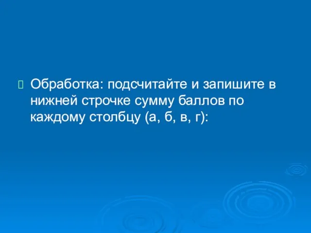 Обработка: подсчитайте и запишите в нижней строчке сумму баллов по каждому столбцу (а, б, в, г):