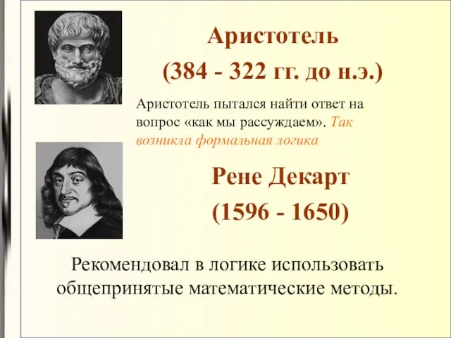 Аристотель (384 - 322 гг. до н.э.) Рене Декарт (1596 - 1650)