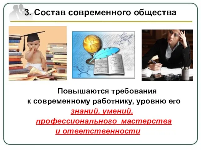 3. Состав современного общества Повышаются требования к современному работнику, уровню его знаний,