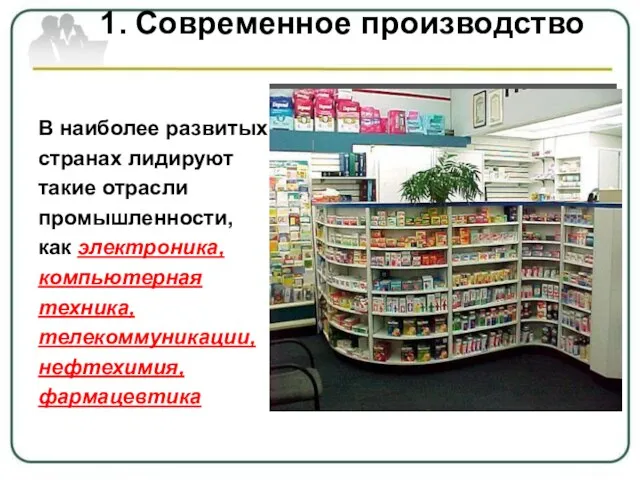 1. Современное производство В наиболее развитых странах лидируют такие отрасли промышленности, как