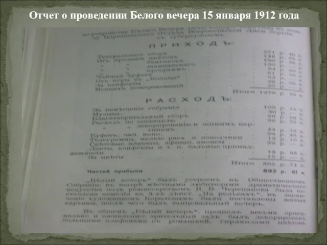 Отчет о проведении Белого вечера 15 января 1912 года