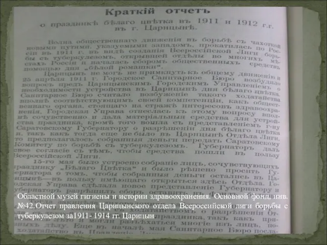 Областной музей гигиены и истории здравоохранения. Основной фонд, инв.№42.Отчет правления Царицынского отдела