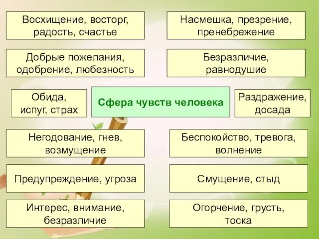 Сфера чувств человека Беспокойство, тревога, волнение Негодование, гнев, возмущение Смущение, стыд Предупреждение,