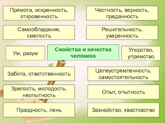 Свойства и качества человека Целеустремленность, самостоятельность Забота, ответственность Опыт, опытность Зрелость, молодость,