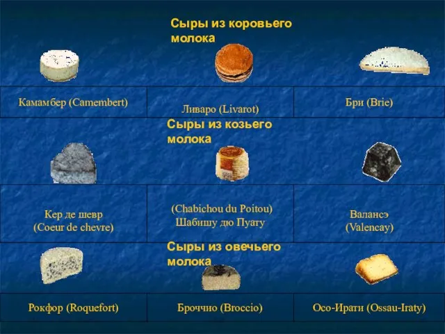 Сыры из коровьего молока Сыры из козьего молока Сыры из овечьего молока