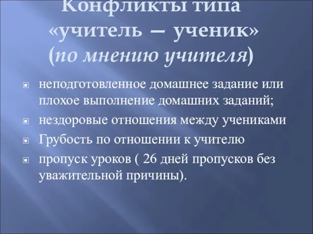 Конфликты типа «учитель — ученик» (по мнению учителя) неподготовленное домашнее задание или