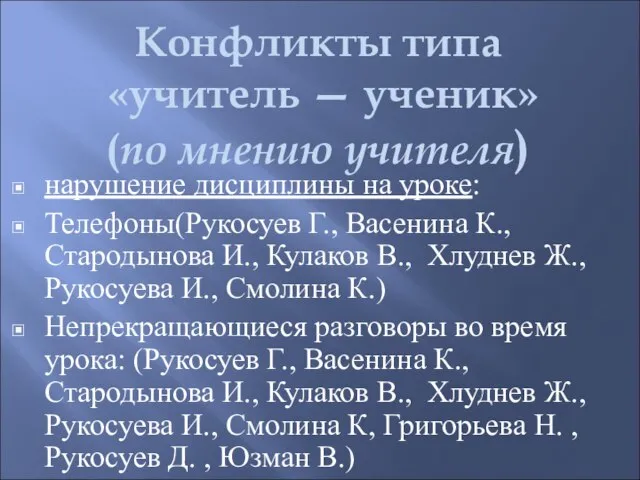 Конфликты типа «учитель — ученик» (по мнению учителя) нарушение дисциплины на уроке: