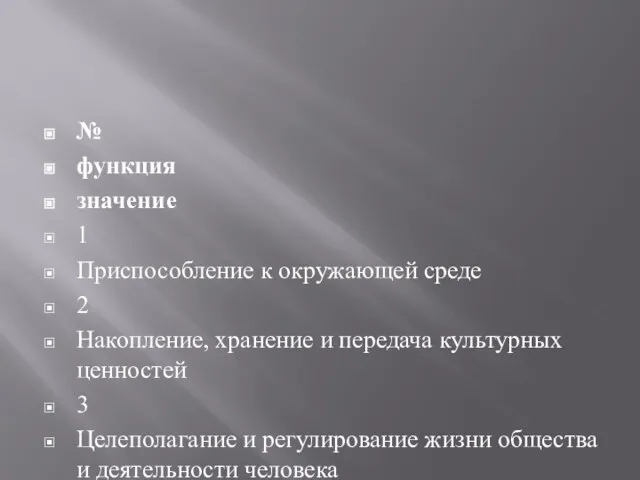 № функция значение 1 Приспособление к окружающей среде 2 Накопление, хранение и