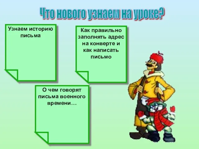 Что нового узнаем на уроке? Узнаем историю письма Как правильно заполнять адрес