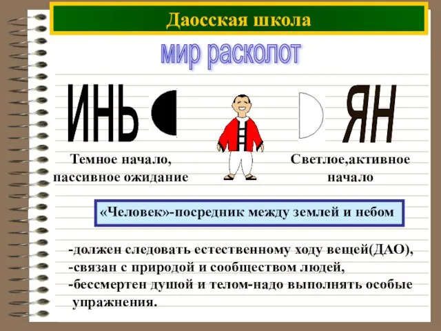 Даосская школа мир расколот -должен следовать естественному ходу вещей(ДАО), -связан с природой