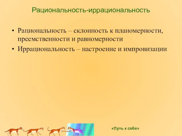 Рациональность-иррациональность Рациональность – склонность к планомерности, преемственности и равномерности Иррациональность – настроение и импровизации